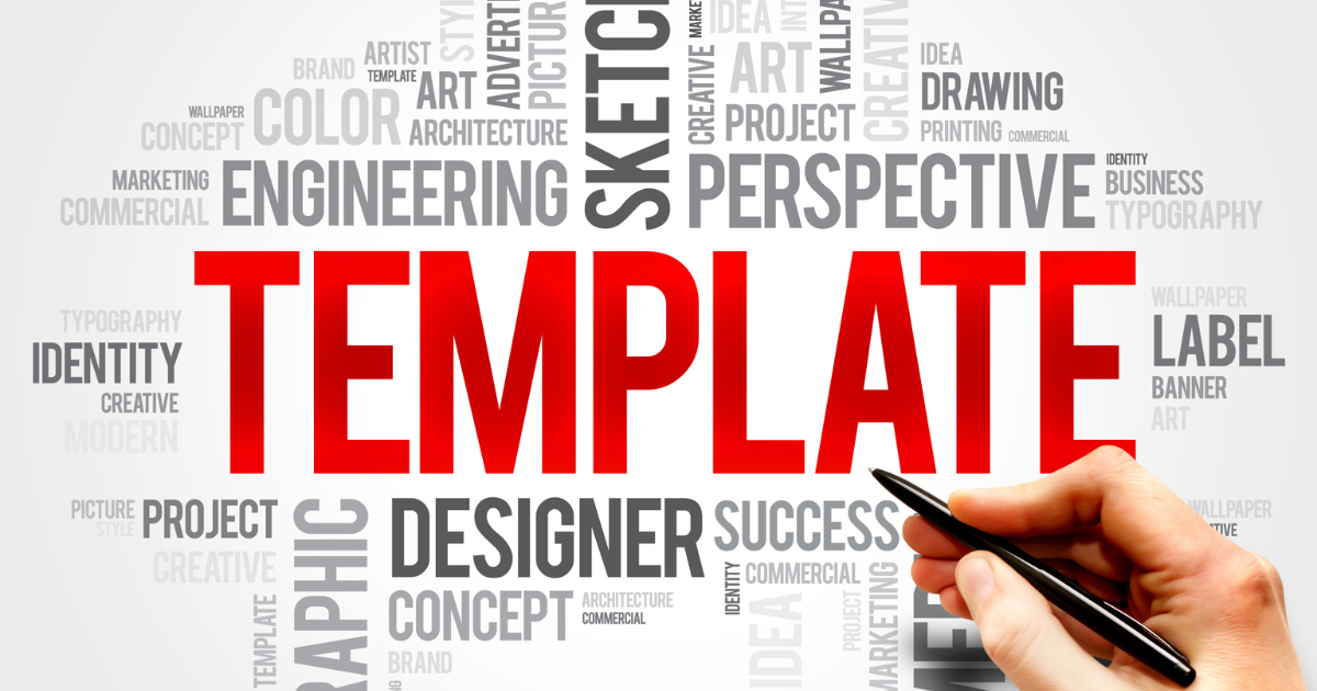 Mot template écrit en rouge parmi des mots en gris, symbolisant la création de templates simples pour maman aidante