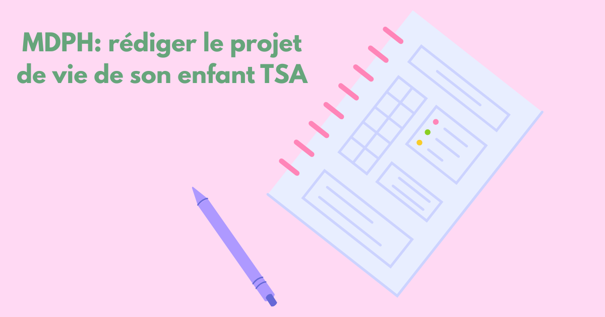 Cahier ouvert avec des lignes remplies et un stylo, illustrant la rédaction du Projet de Vie MDPH pour un enfant TSA.