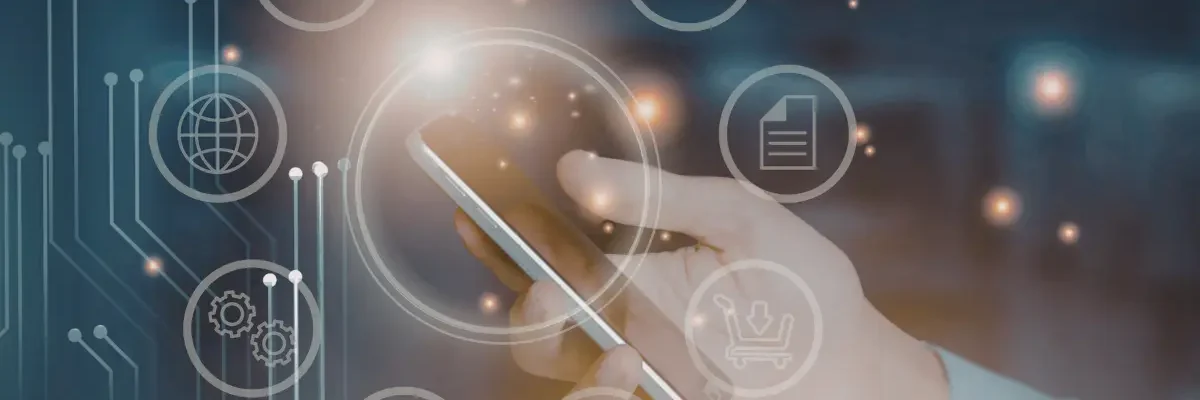 Premiers pas dans le digital, main cliquant sur mobile avec icônes numériques.