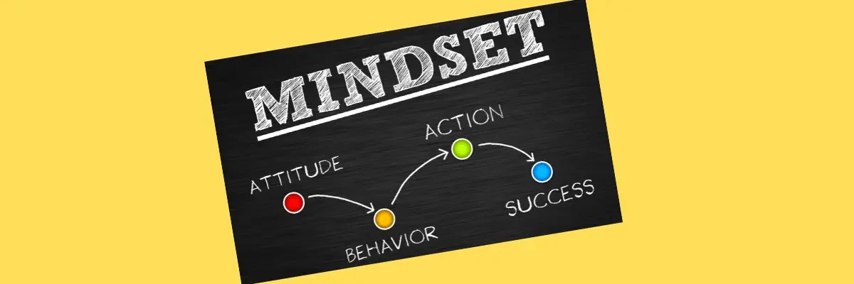 Mindset entrepreneurial maman aidante, affiche avec le mot mindset suivi de attitude, comportement, action, succès.