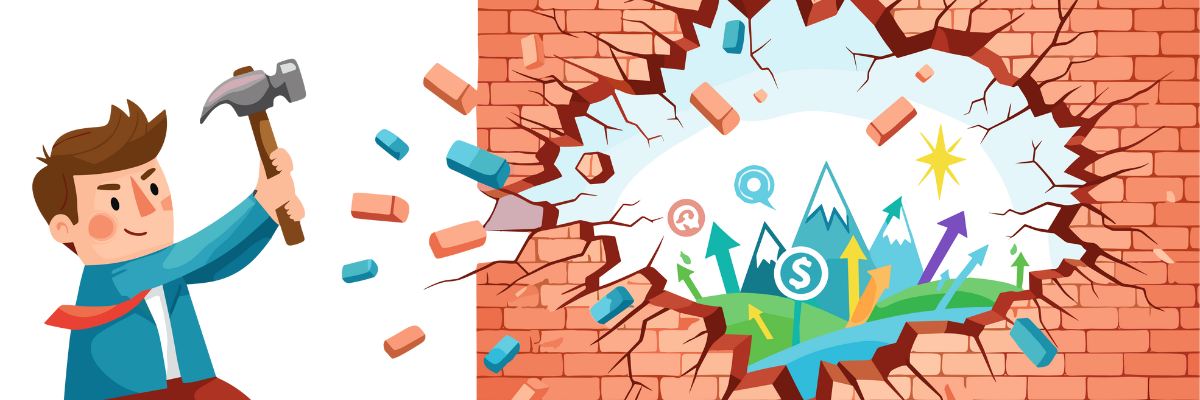 Personnage démolissant un mur de briques avec un marteau pour surmonter les obstacles réels