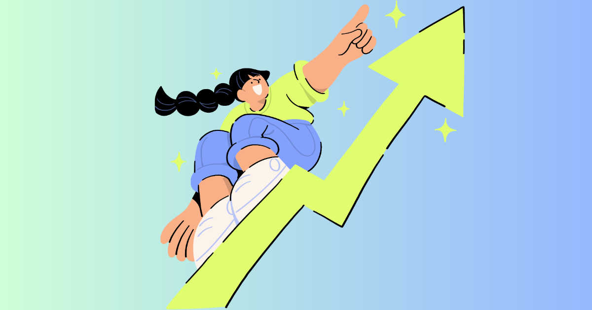 Personne surfant sur une flèche ascendante, symbole de réussite et stratégie digitale adaptée à la réalité familiale